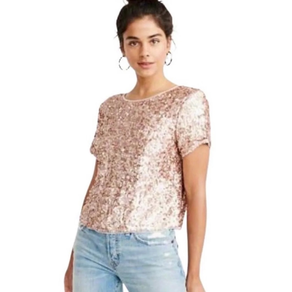 Abercrombie & Fitch Pink Sequin Blouse Lace And Ribbon Back Tie Trim Sz Small